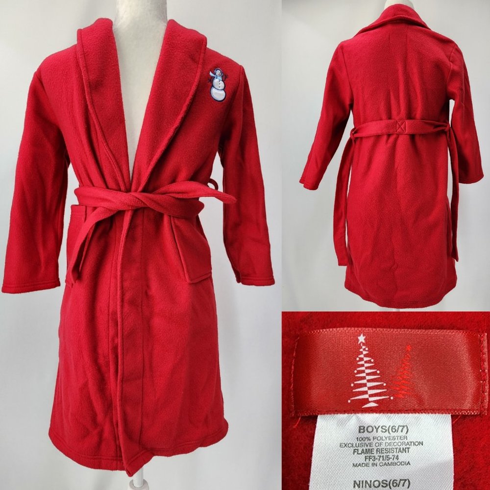 AME American Marketing Enterprise Boys 6/7 Red Plush Fleece Robe Snowman Accent